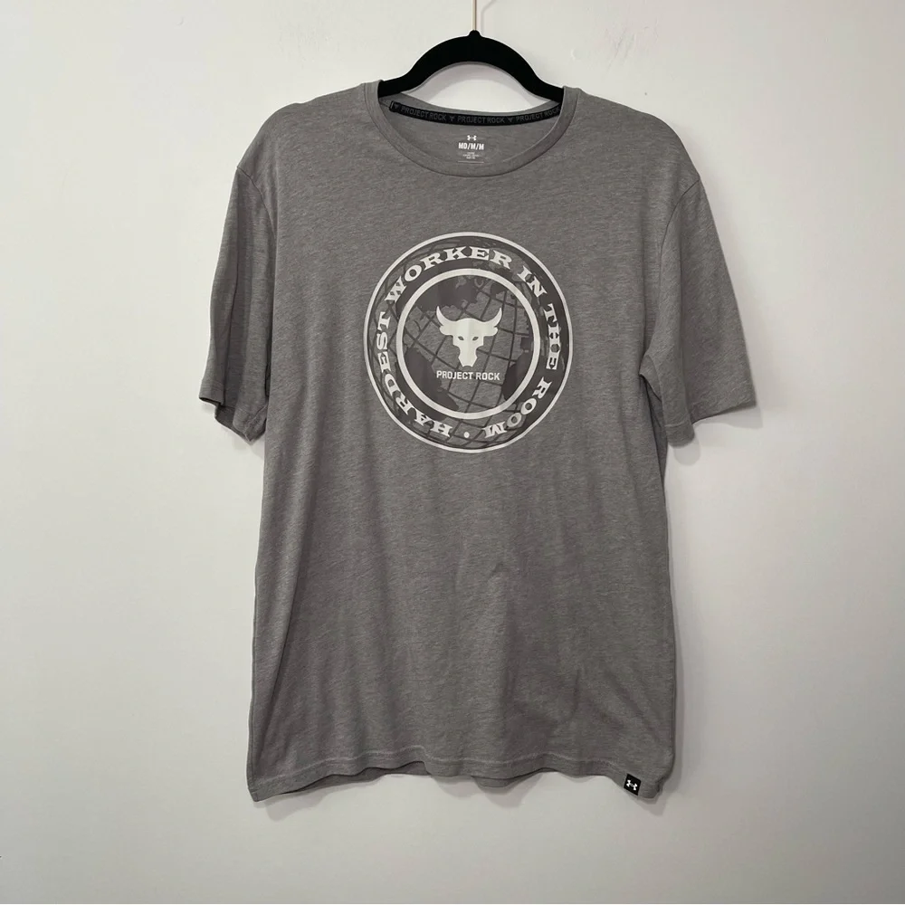 *Sold*
Under Armour Project Rock Men’s Gray Graphic T shirt M “Hardest Worker” - Picture 2 of 10